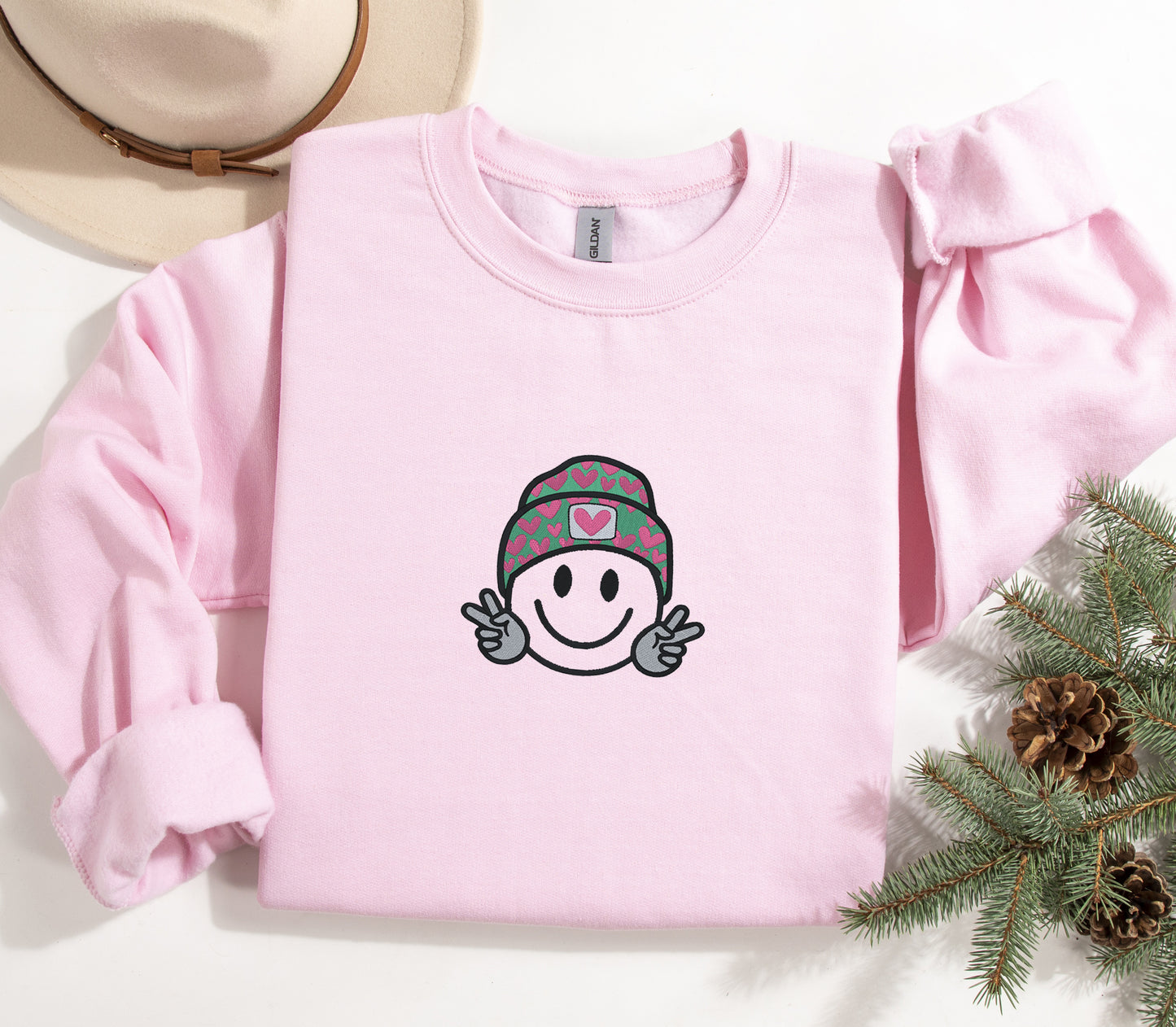Happy Face Embroidered Crewneck or Hooded Sweatshirt