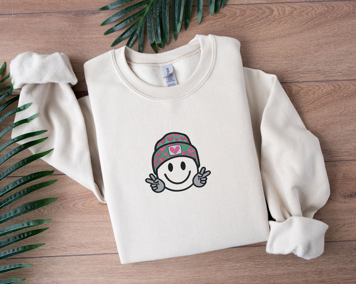 Happy Face Embroidered Crewneck or Hooded Sweatshirt