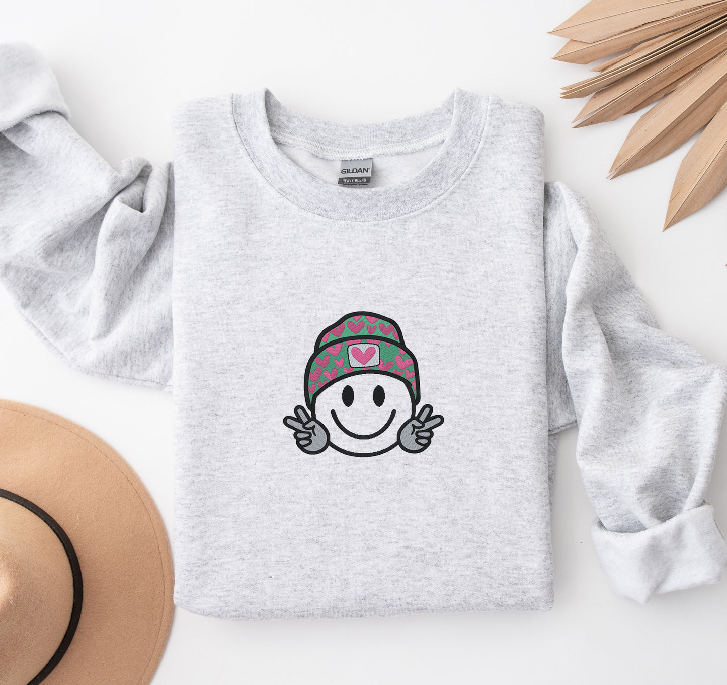 Happy Face Embroidered Crewneck or Hooded Sweatshirt