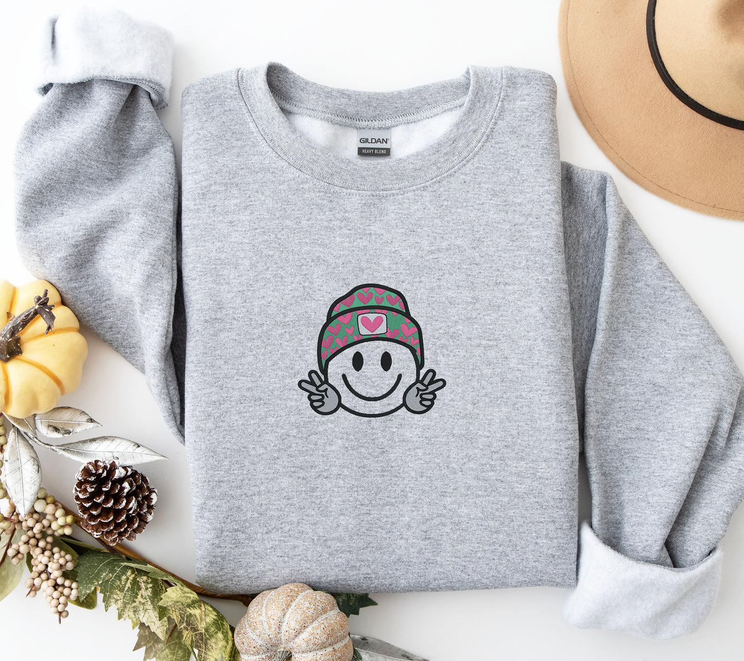 Happy Face Embroidered Crewneck or Hooded Sweatshirt