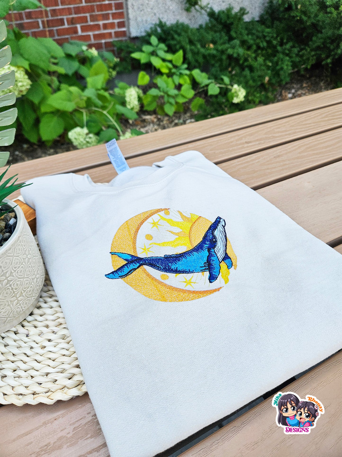 Blue Whale Sun and Moon Embroidered Sweatshirt