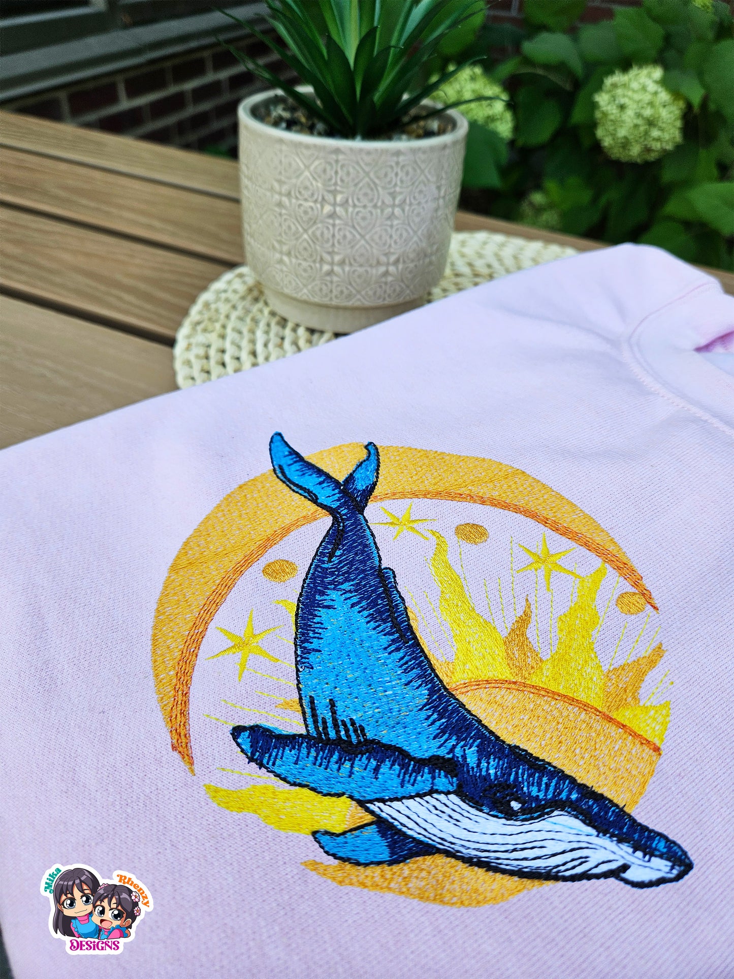 Blue Whale Sun and Moon Embroidered Sweatshirt