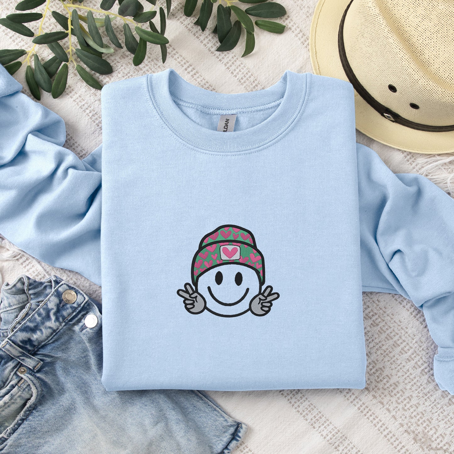 Happy Face Embroidered Crewneck or Hooded Sweatshirt