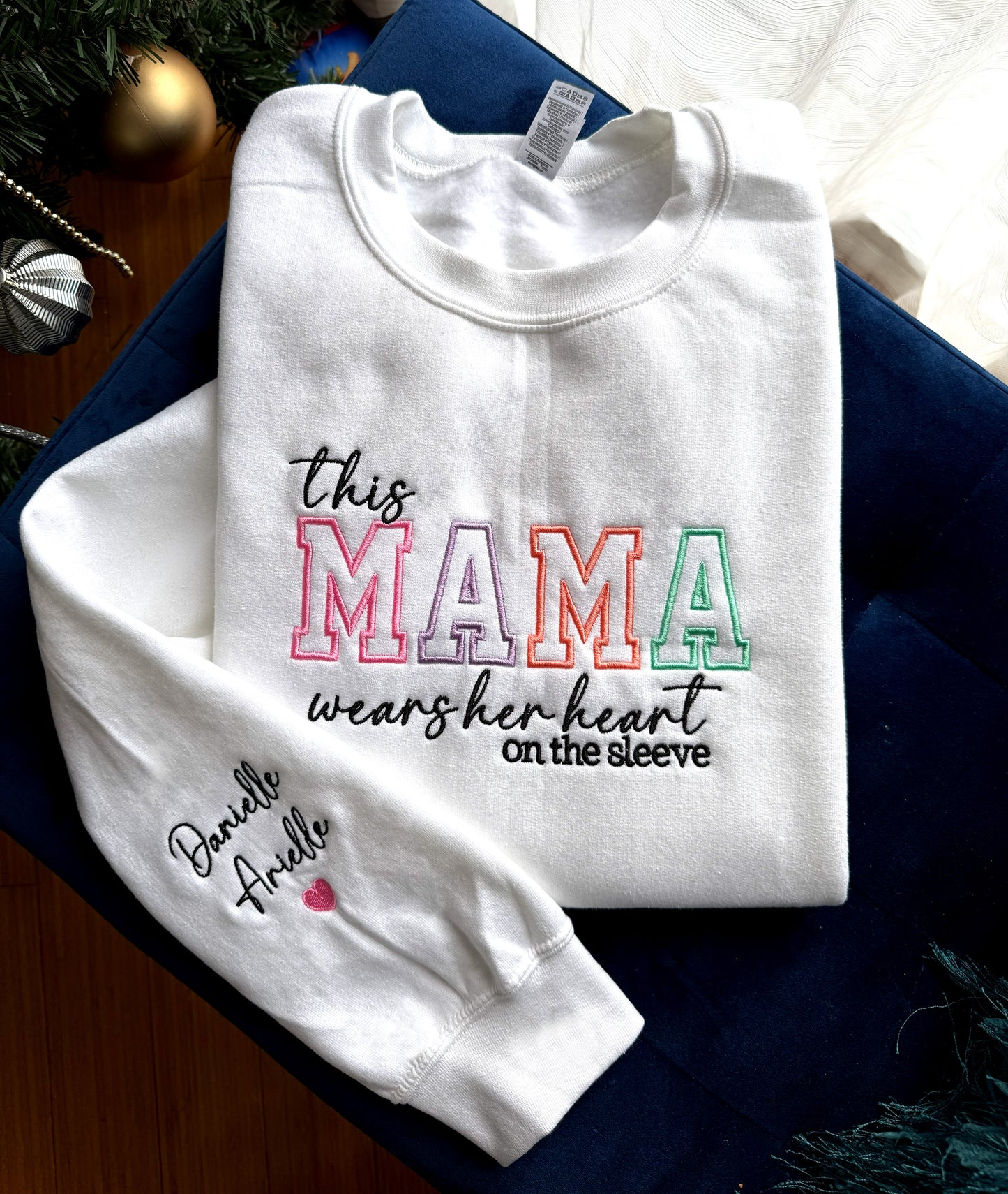 This Mama Wears Her Heart On The Sleeve Custom Embroidered Crewneck