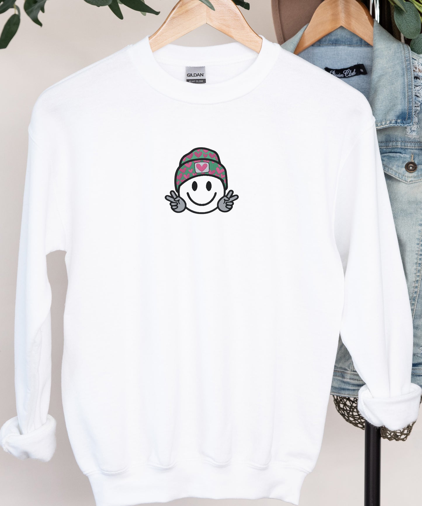 Happy Face Embroidered Crewneck or Hooded Sweatshirt