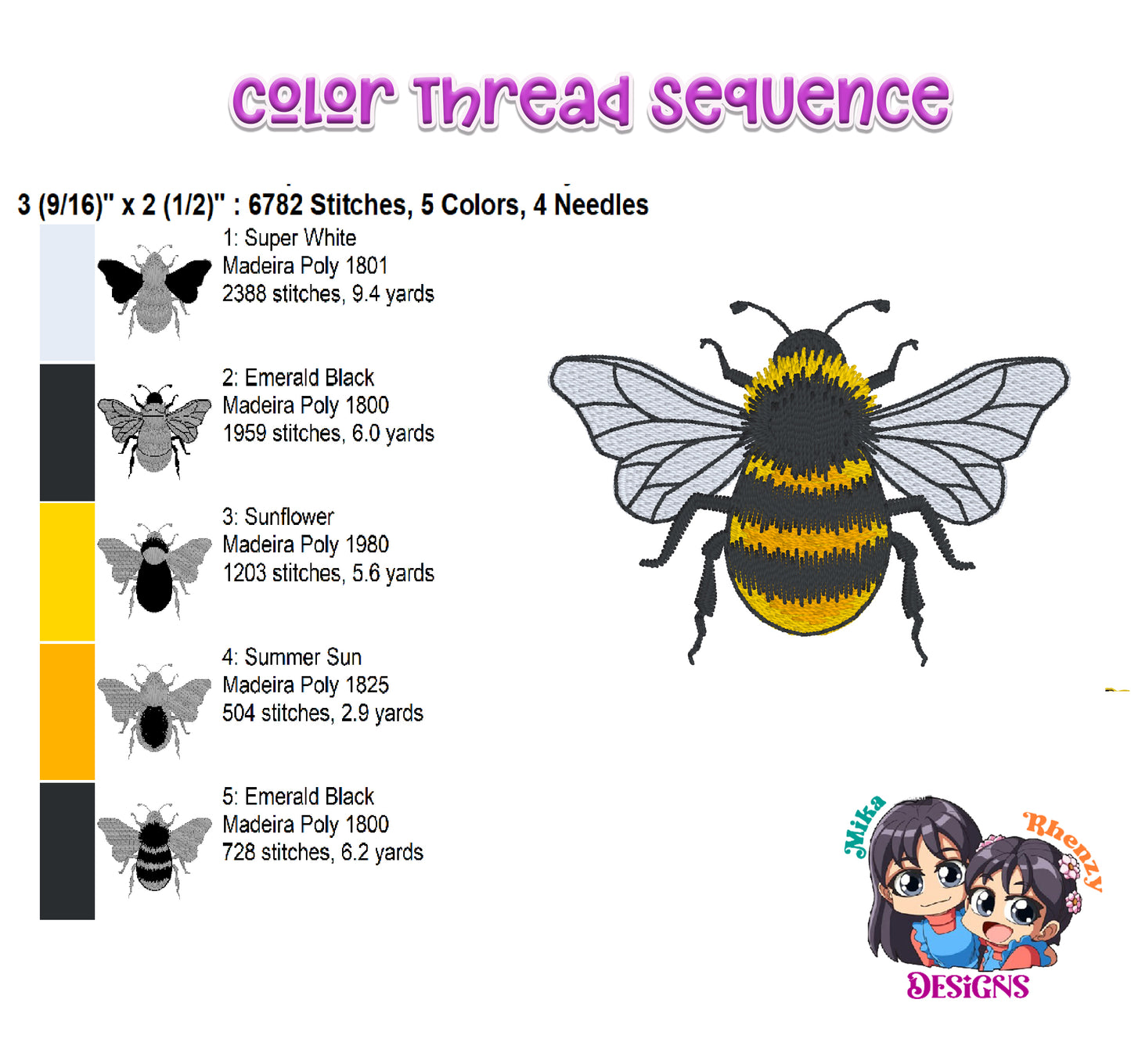 Bee Embroidery Design Machine Embroidery 4 Sizes