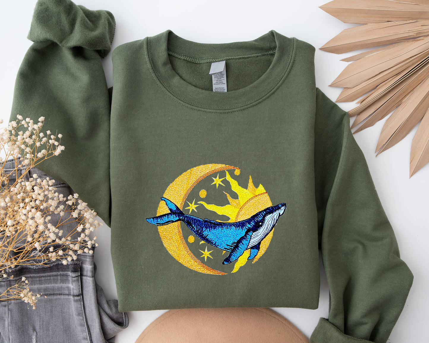 Blue Whale Sun and Moon Embroidered Sweatshirt