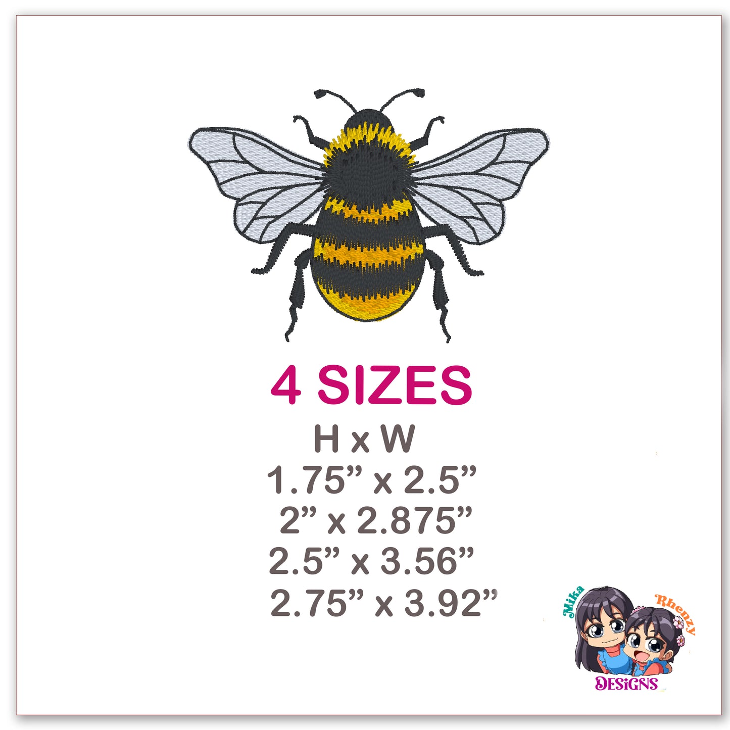 Bee Embroidery Design Machine Embroidery 4 Sizes
