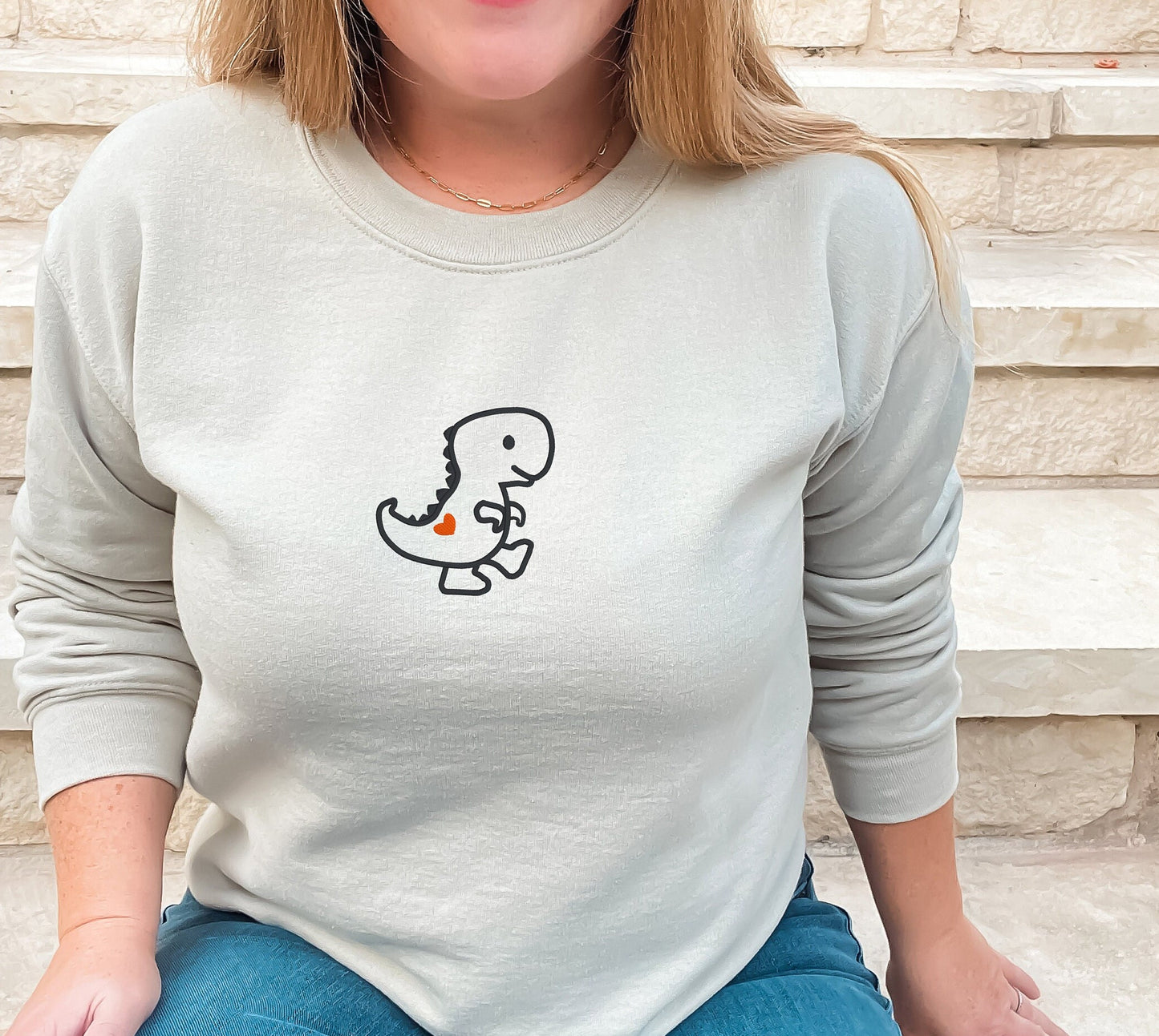 Cute Dinosaur Embroidered Crewneck Sweatshirt