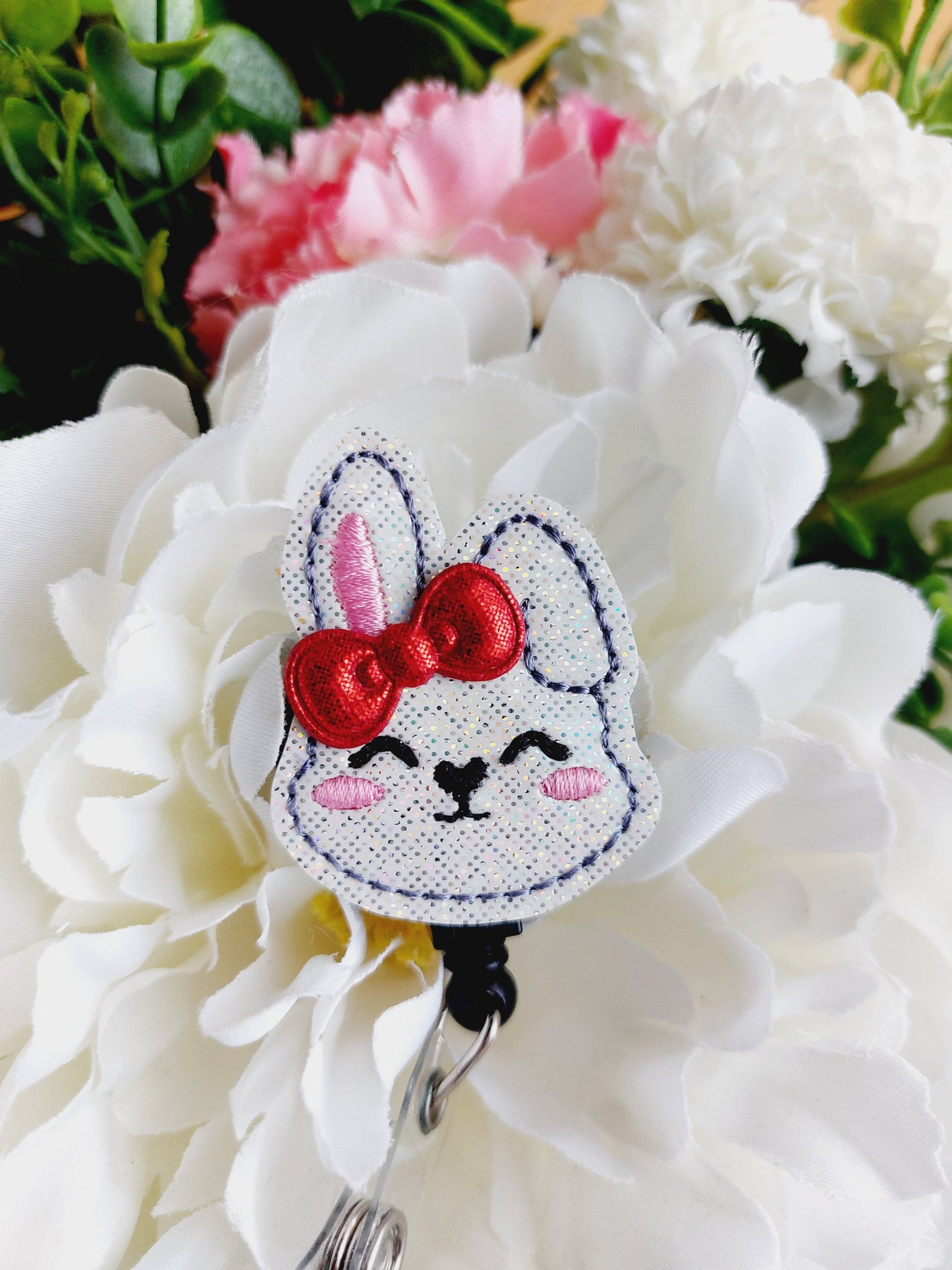Bunny with Red Bow Badge Reel