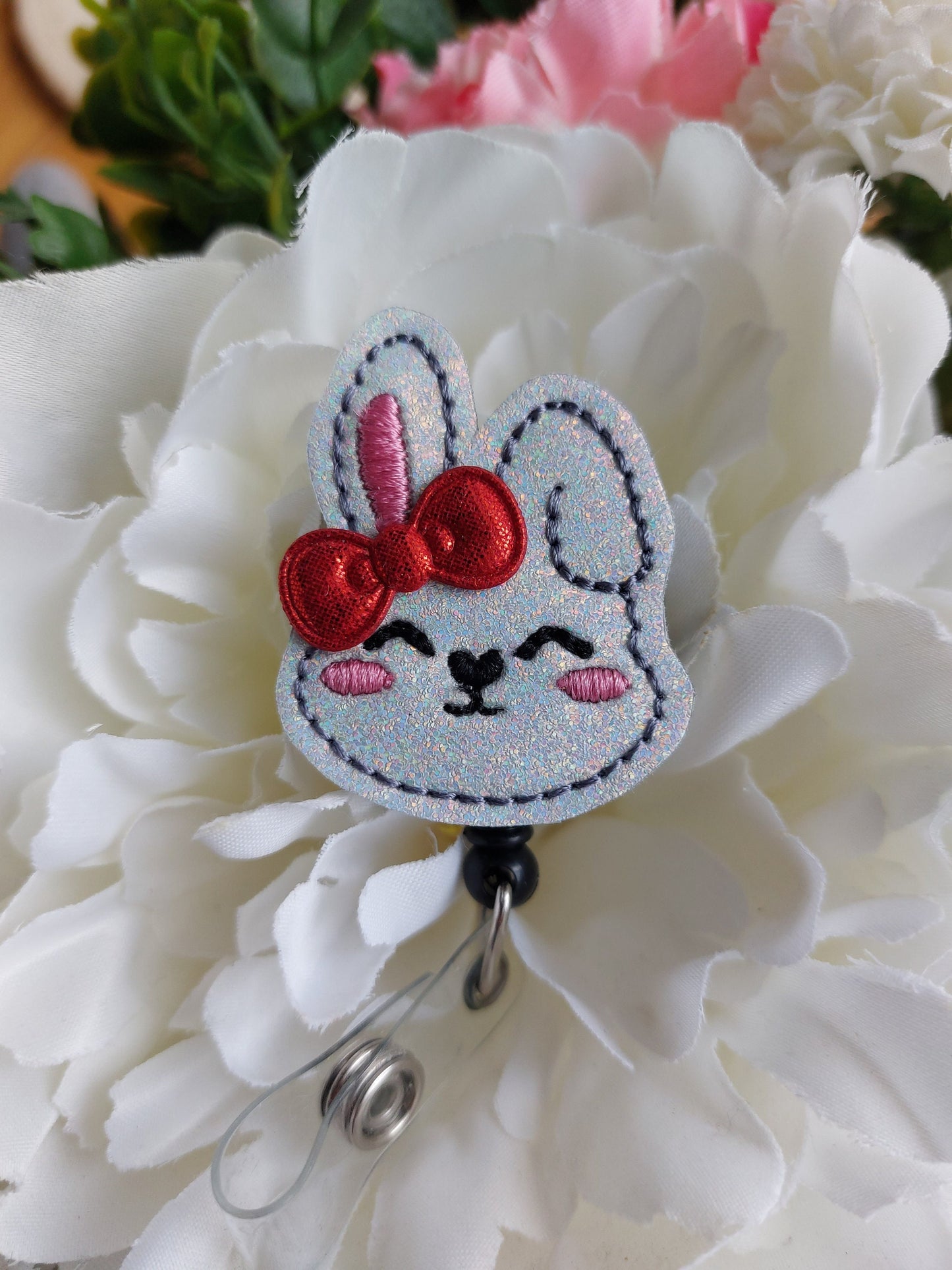 Bunny with Red Bow Badge Reel