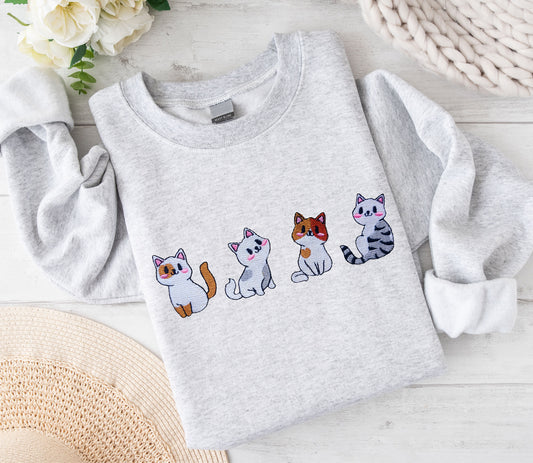 Cats Embroidered  Crewneck Sweatshirt