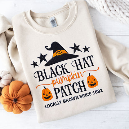 Black Hat Pumpkin Patch Locally Grown Embroidered Sweatshirt