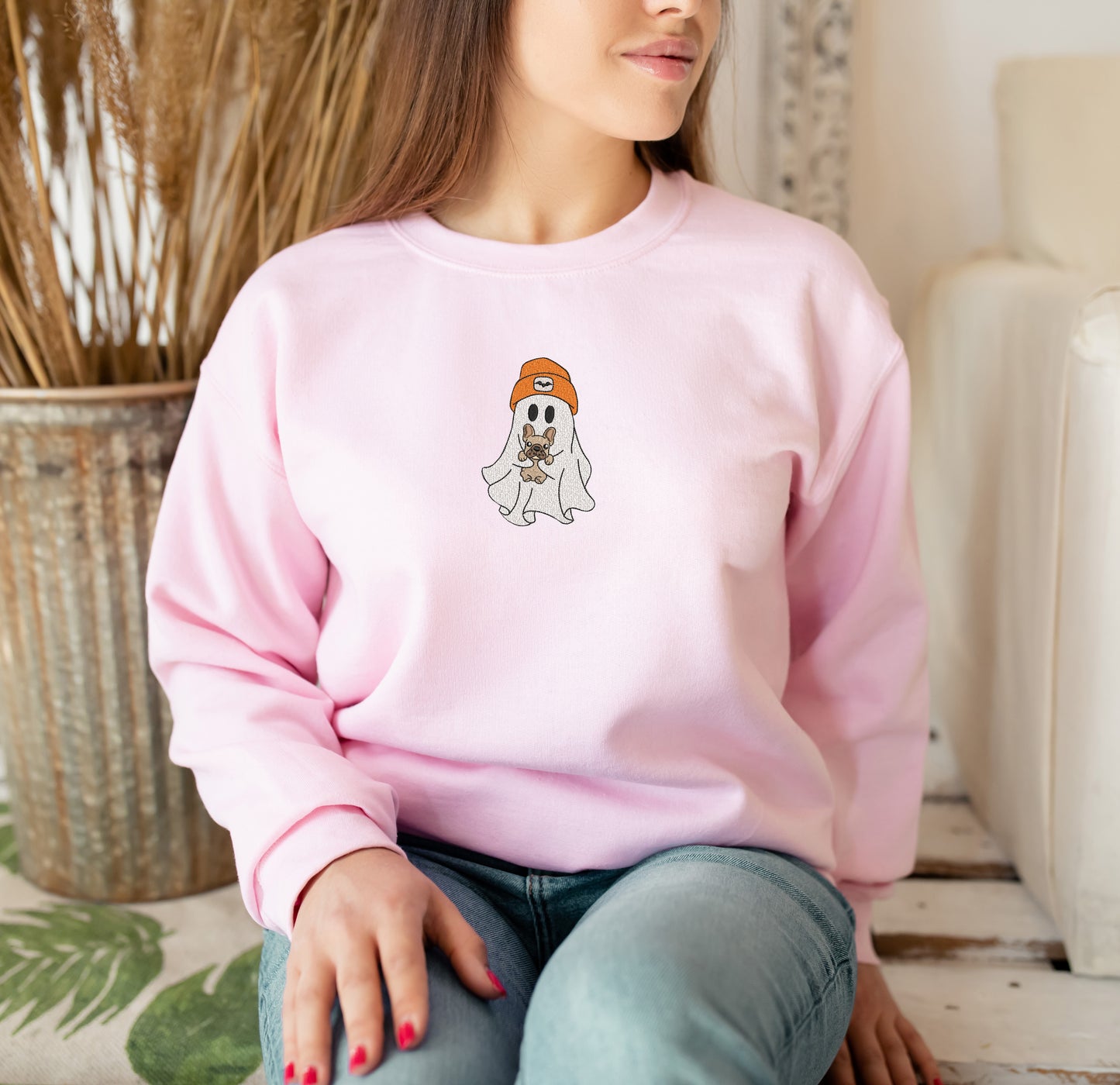 Ghost Holding Puppy Halloween Embroidered Sweatshirt