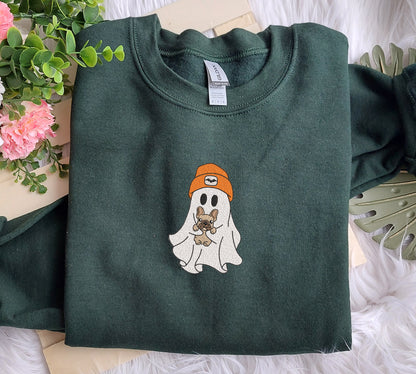 Ghost Holding Puppy Halloween Embroidered Sweatshirt