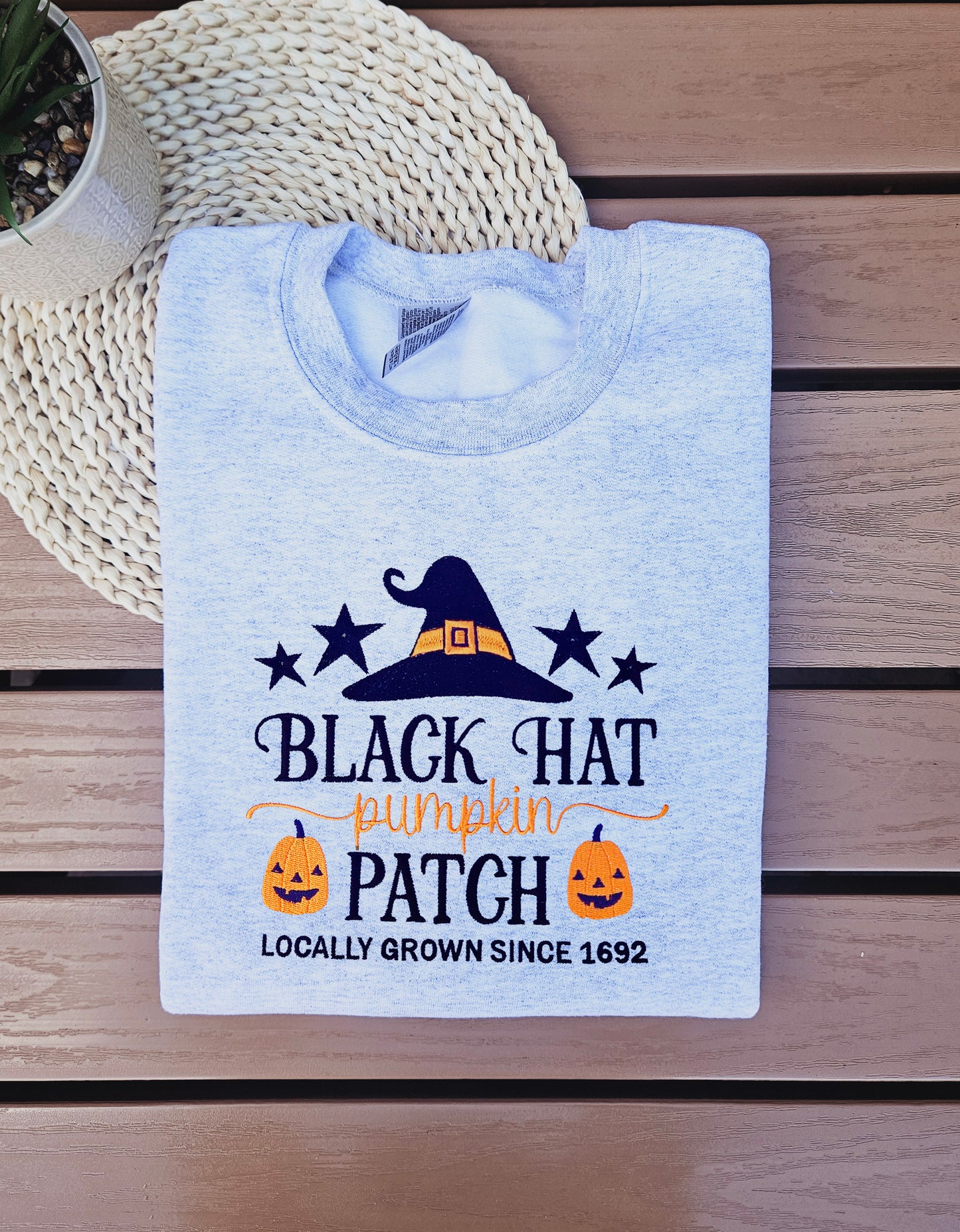 Black Hat Pumpkin Patch Locally Grown Embroidered Sweatshirt