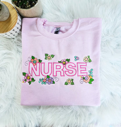 Floral Nurse Embroidered Crewneck Sweatshirt