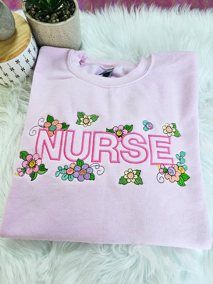 Floral Nurse Embroidered Crewneck Sweatshirt