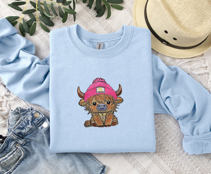 Highland Cow Embroidered Crewneck Sweatshirt