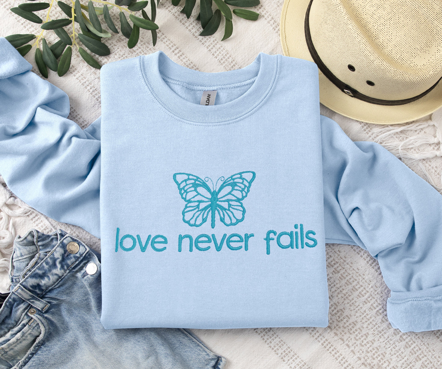 Love Never Fails Embroidered Sweatshirt Crewneck or Hoodie