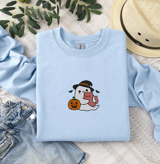 Ghost With Cat Halloween Embroidered Crewneck Sweatshirt