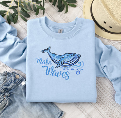 Blue Whale Make Waves Embroidered Crewneck Sweatshirt