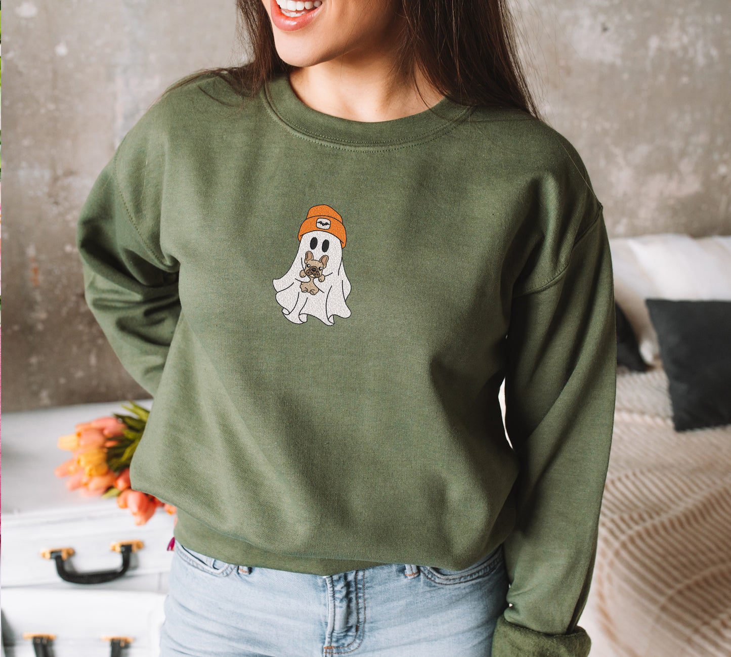 Ghost Holding Puppy Halloween Embroidered Sweatshirt