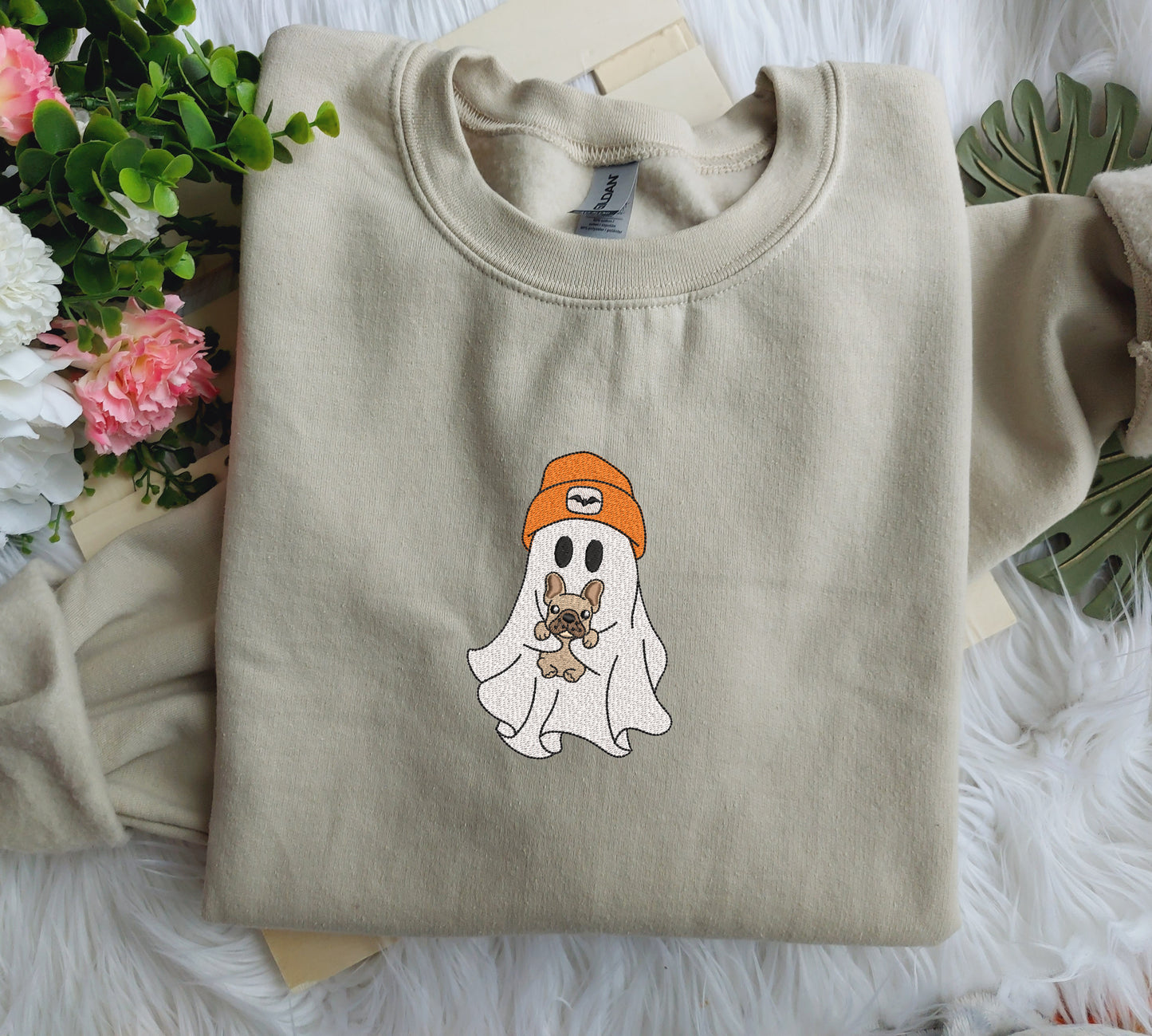 Ghost Holding Puppy Halloween Embroidered Sweatshirt