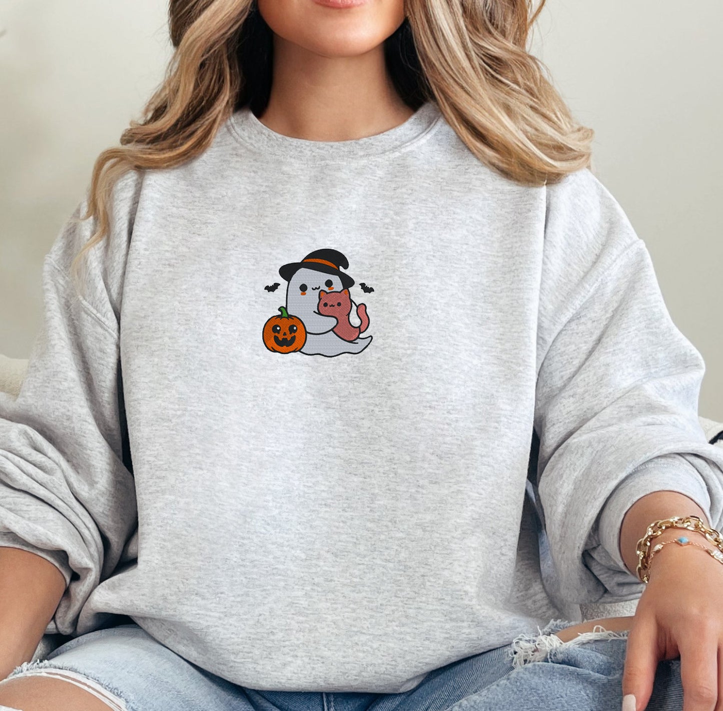 Ghost With Cat Halloween Embroidered Crewneck Sweatshirt