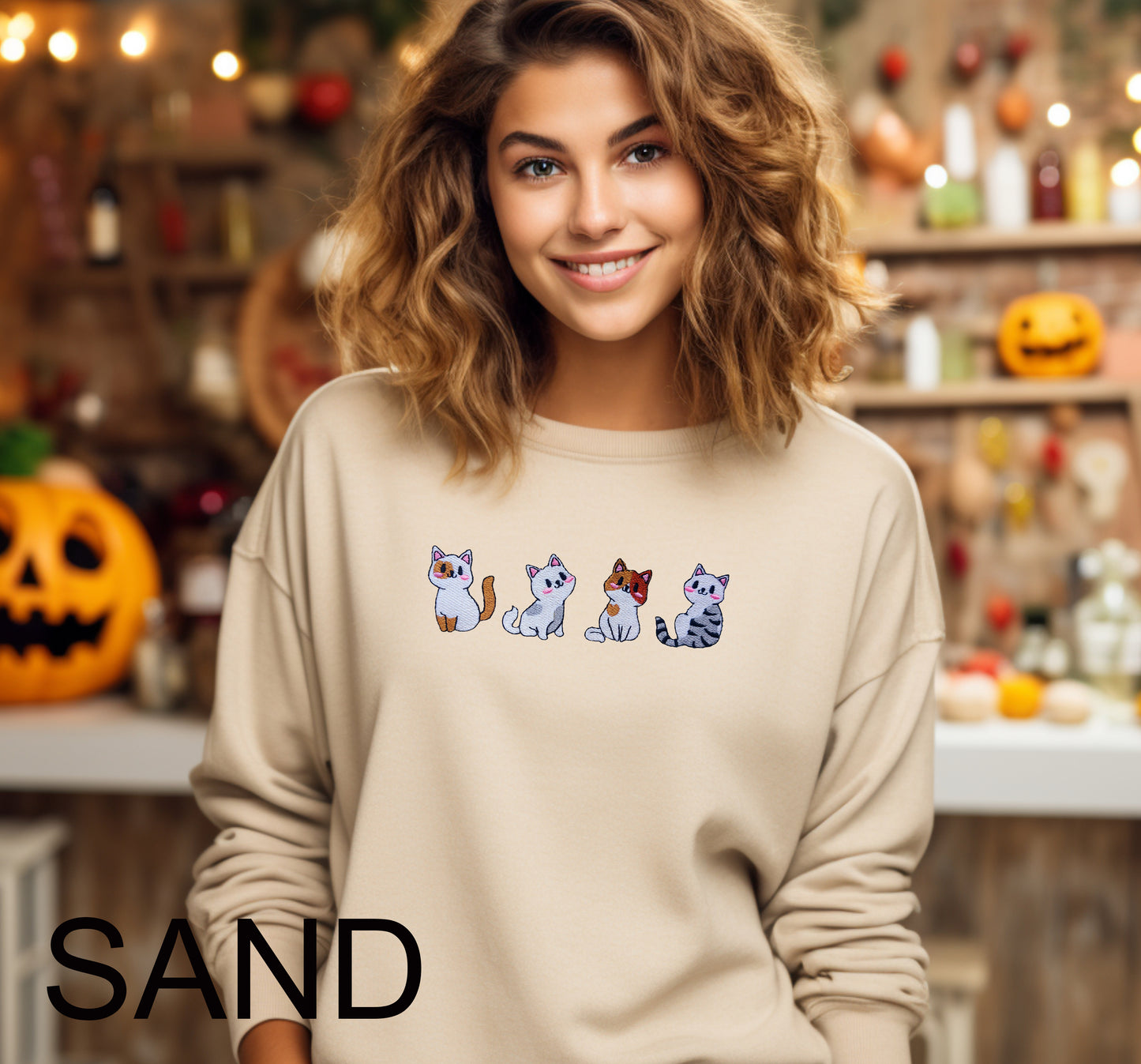 Cats Embroidered  Crewneck Sweatshirt