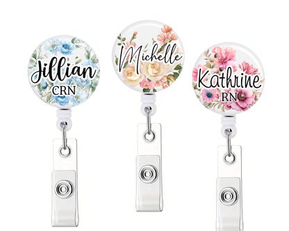 Personalized Name Floral Button Badge Reel