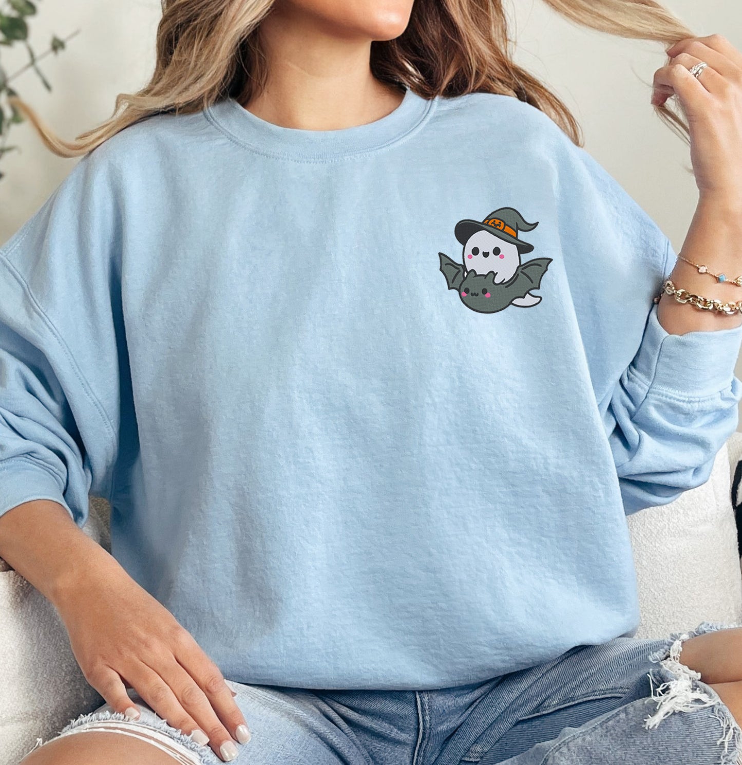 Cute Ghost Riding On A Bat Embroidered Crewneck Sweatshirt