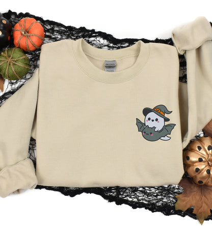 Cute Ghost Riding On A Bat Embroidered Crewneck Sweatshirt