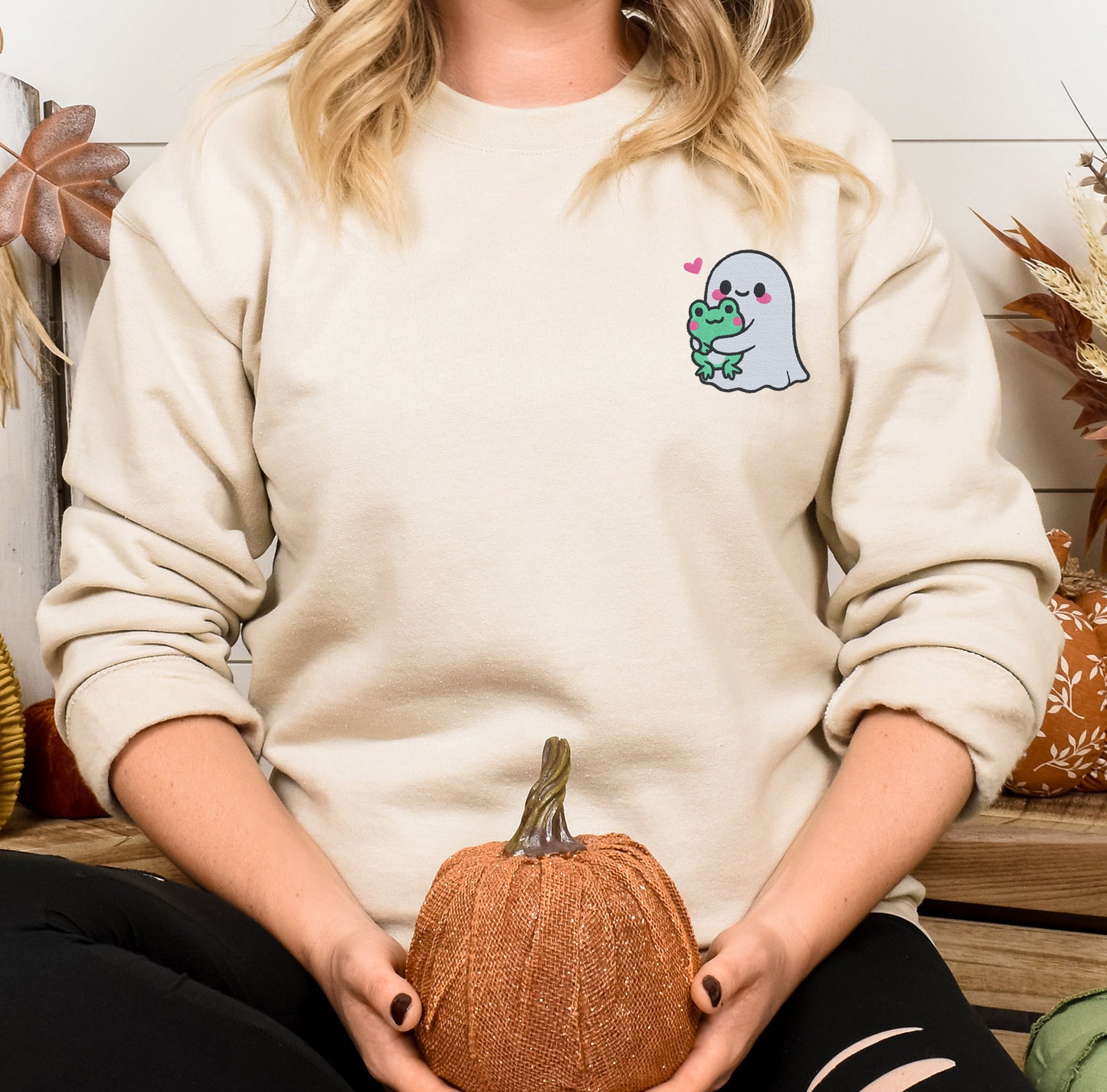 Ghost Holding A Frog Halloween Embroidered Sweatshirt