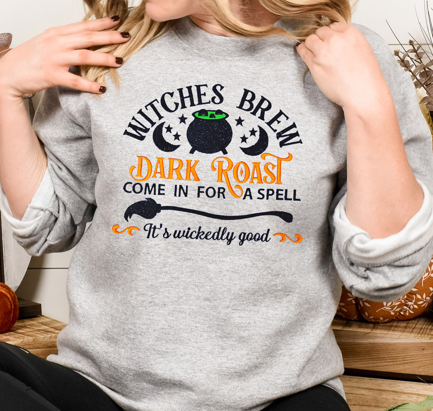 Witches Brew Dark Roast Embroidered Crewneck Sweatshirt