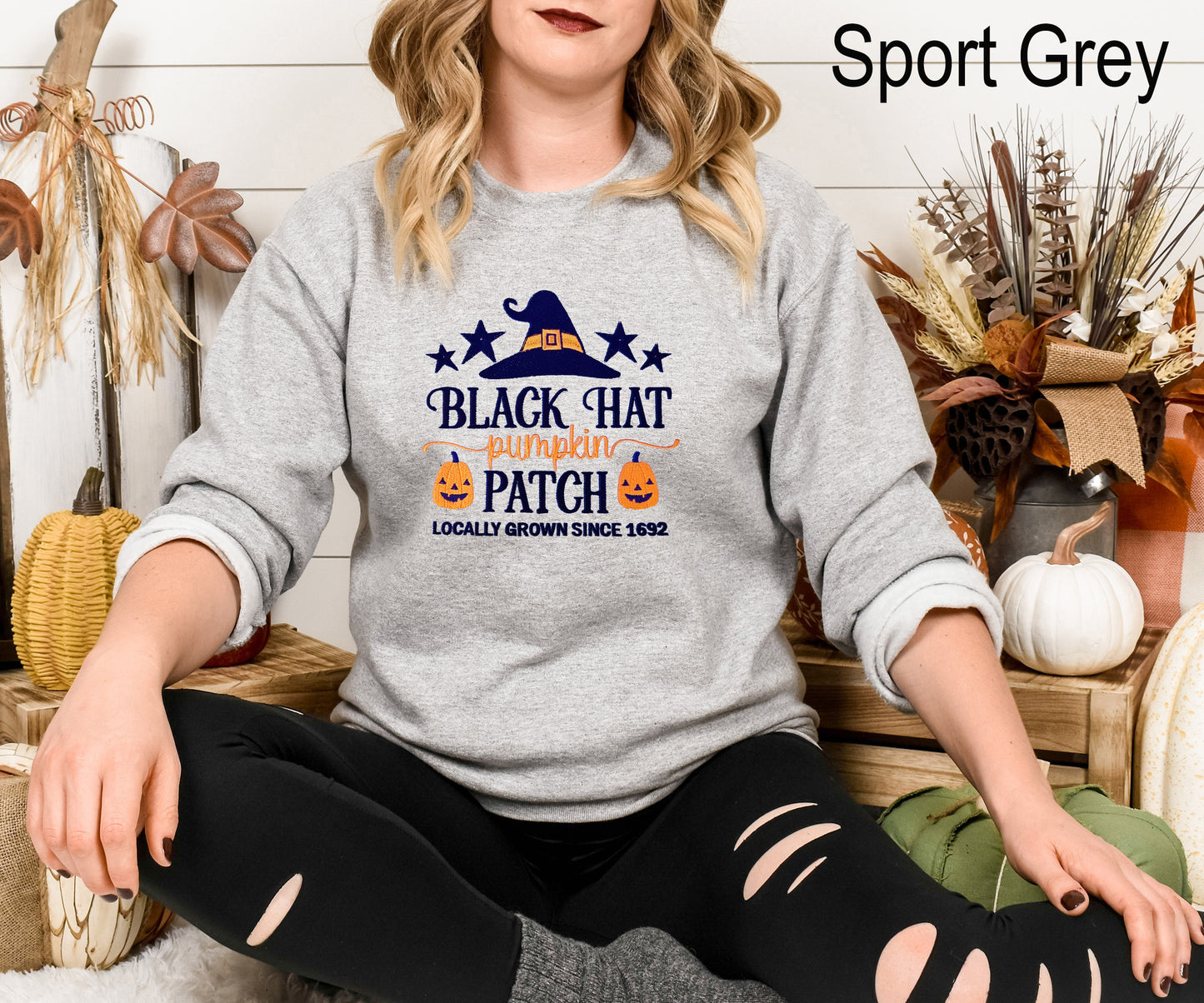 Black Hat Pumpkin Patch Locally Grown Embroidered Sweatshirt