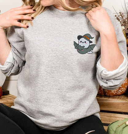 Cute Ghost Riding On A Bat Embroidered Crewneck Sweatshirt