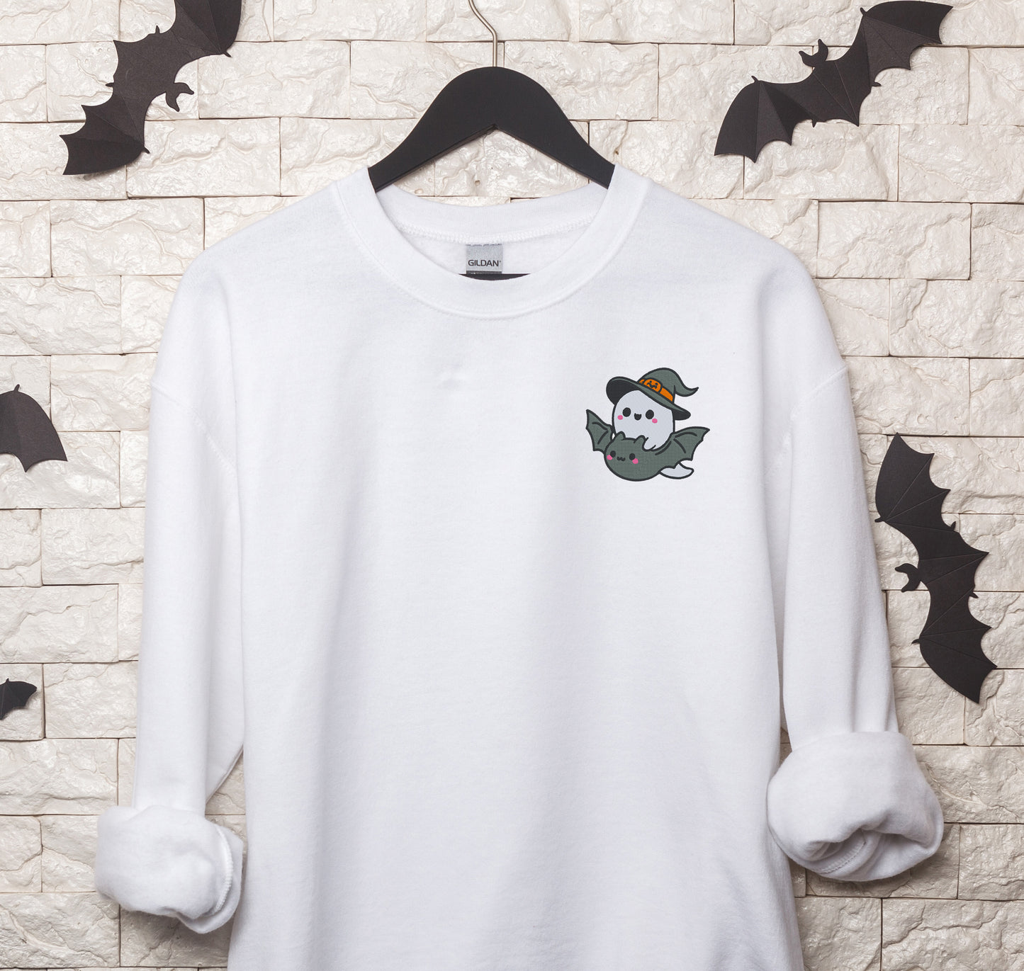 Cute Ghost Riding On A Bat Embroidered Crewneck Sweatshirt