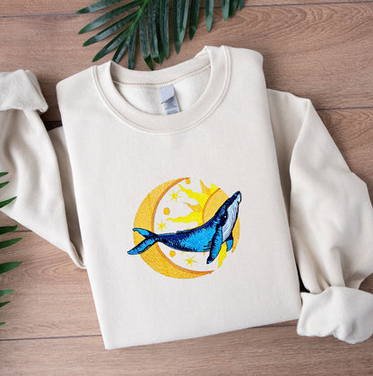 Blue Whale Sun and Moon  Embroidered Sweatshirt