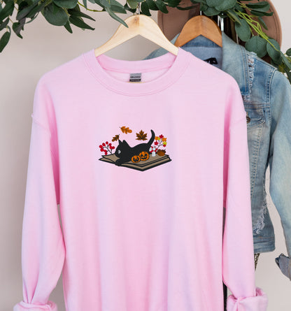 Cat Book Halloween Embroidered Sweatshirt