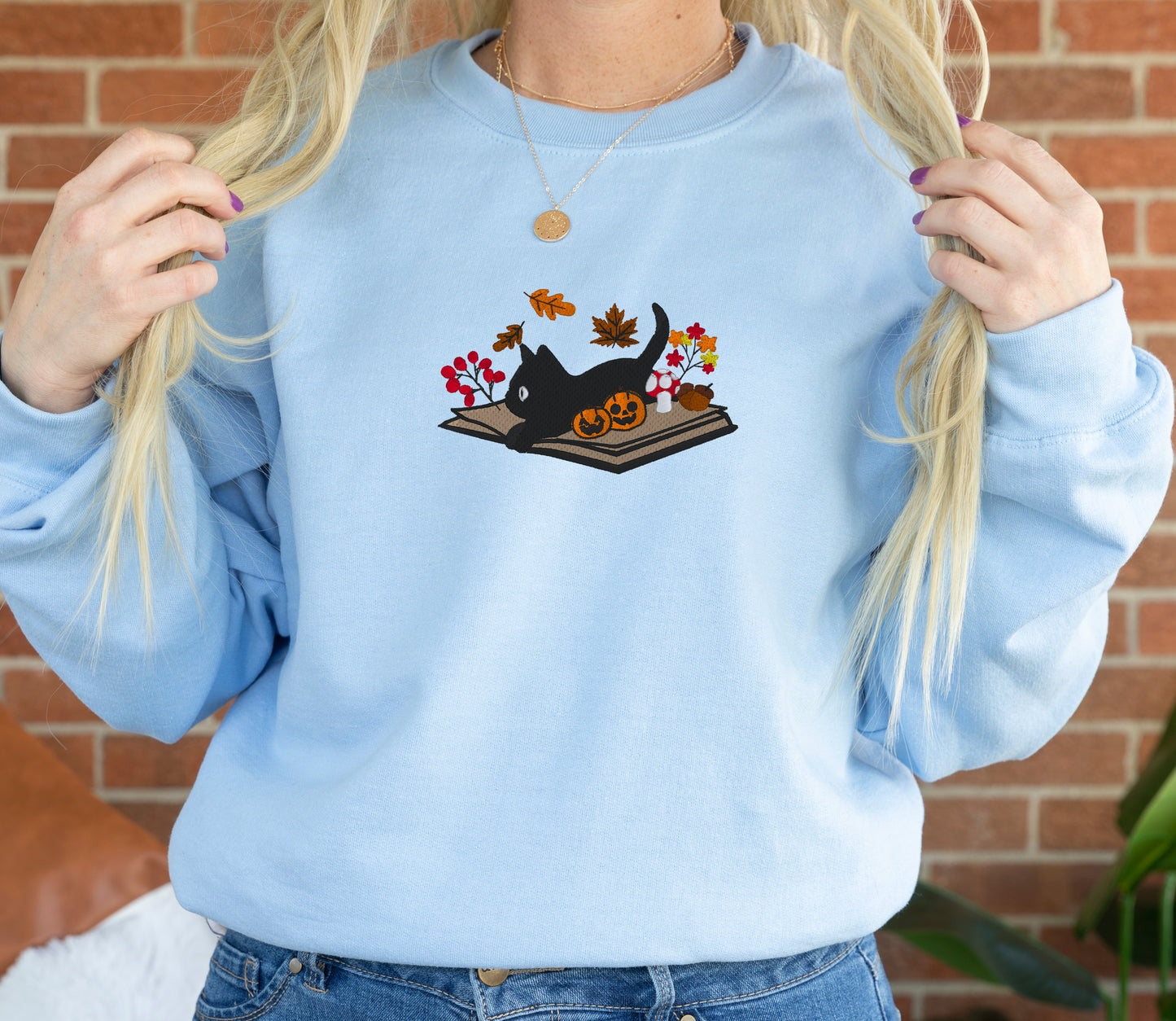 Cat Book Halloween Embroidered Sweatshirt