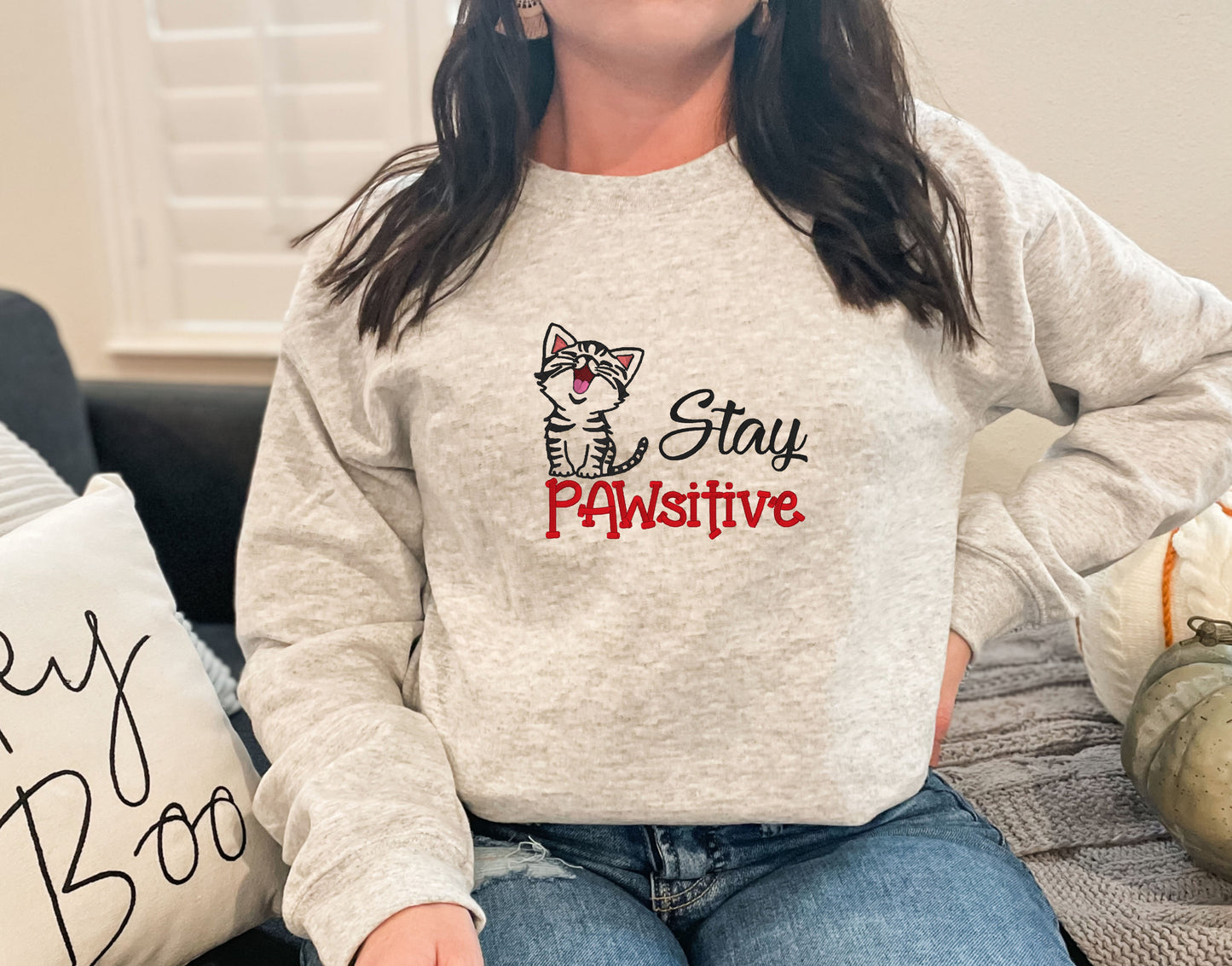 Stay Pawsitive Embroidered Crewneck Sweatshirt