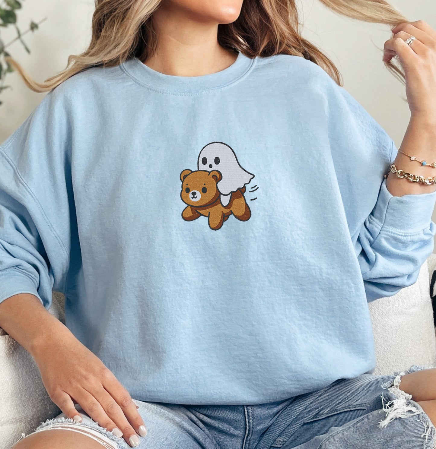 Ghost Riding A Bear Halloween Embroidered Sweatshirt