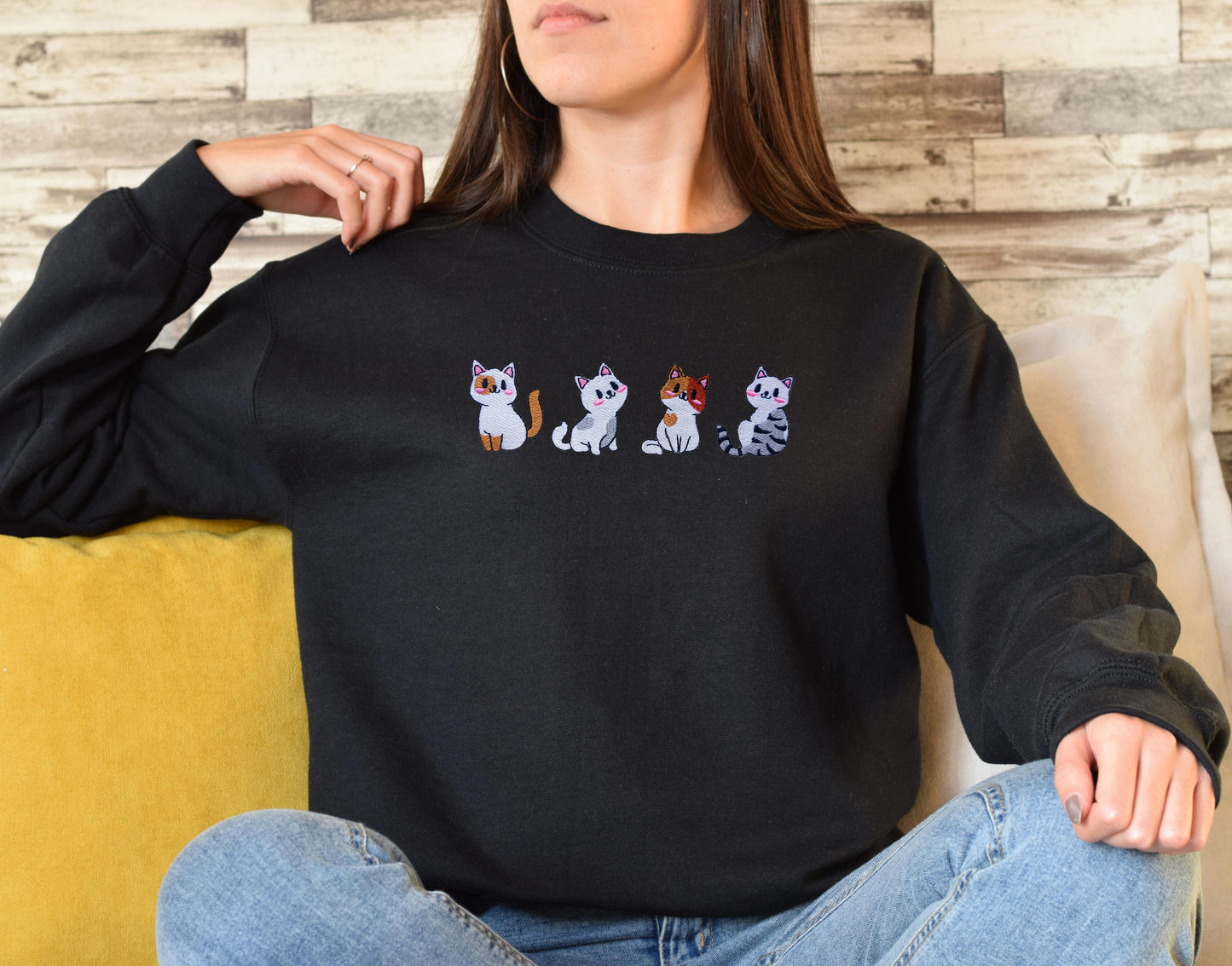 Cats Embroidered  Crewneck Sweatshirt