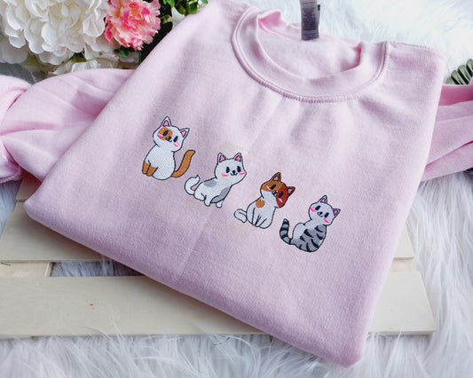 Cats Embroidered  Crewneck Sweatshirt