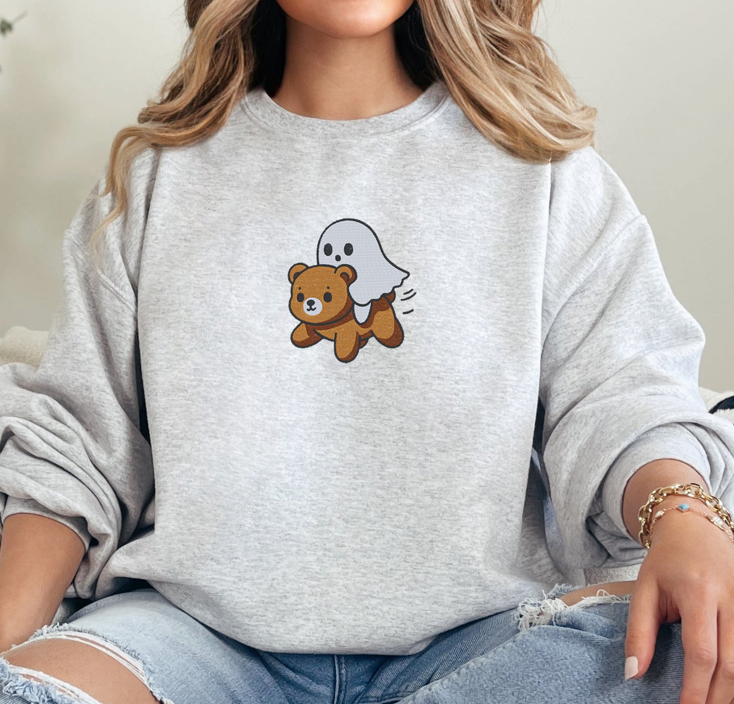 Ghost Riding A Bear Halloween Embroidered Sweatshirt