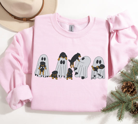 Playful Ghost and Puppies Embroidered Crewneck Sweatshirt