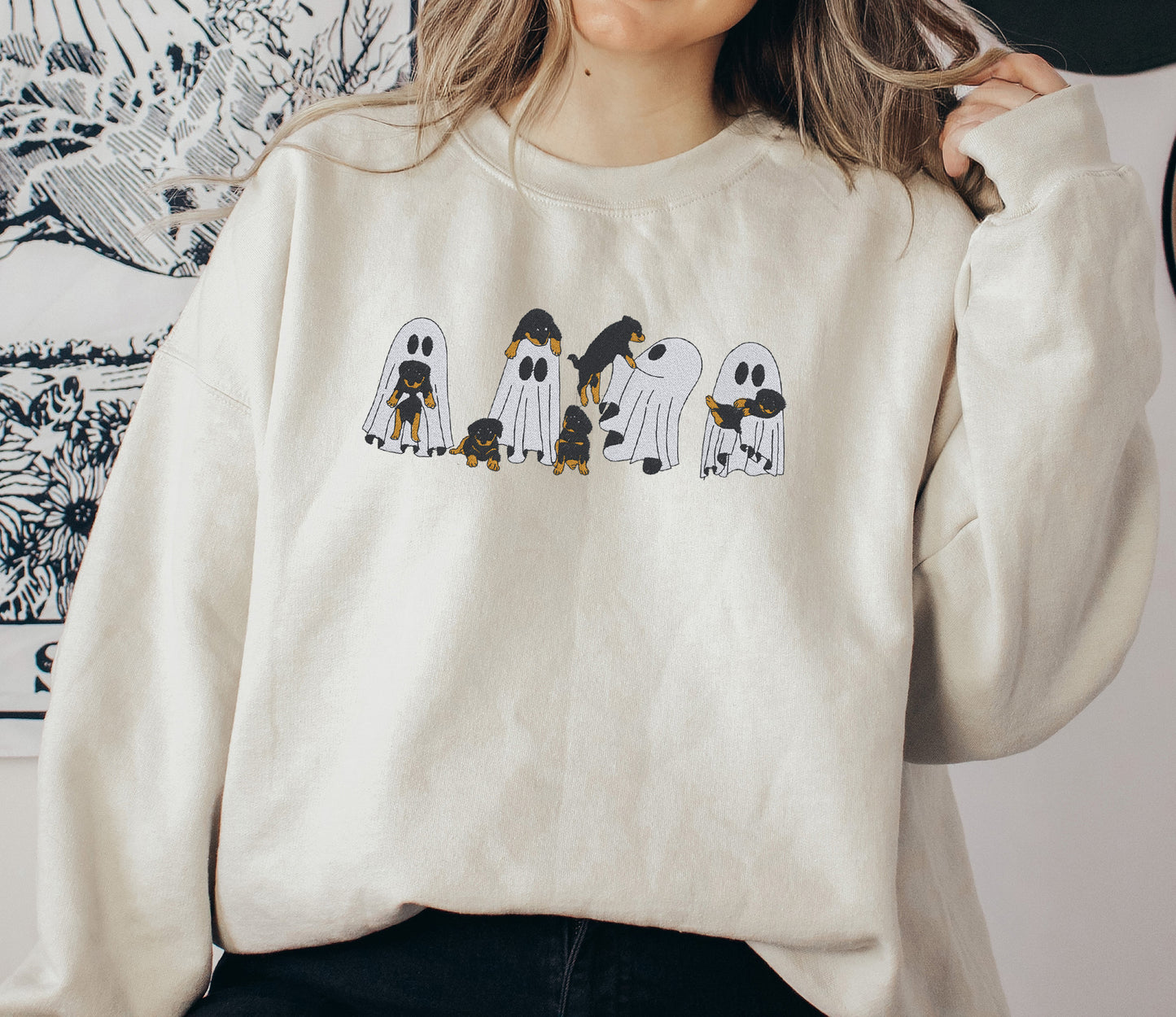 Playful Ghost and Puppies Embroidered Crewneck Sweatshirt