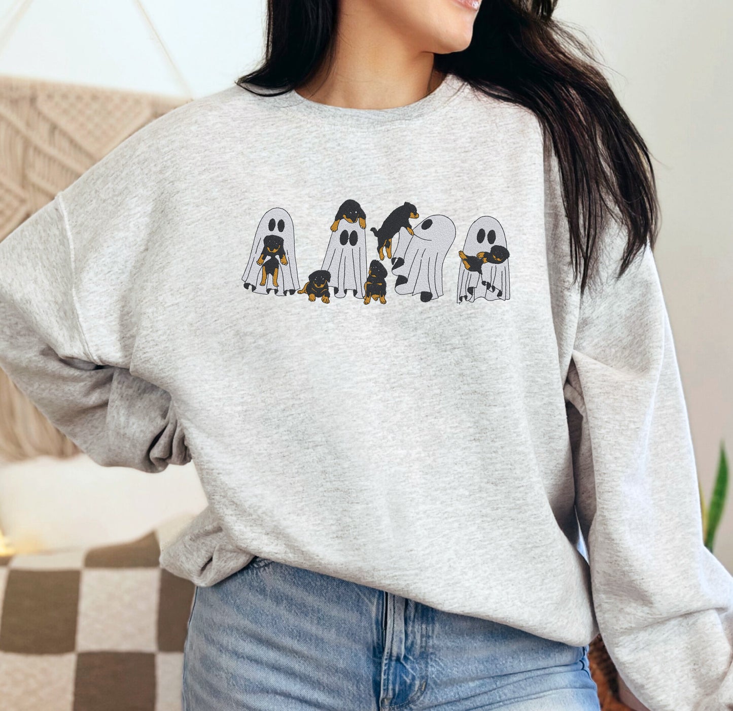 Playful Ghost and Puppies Embroidered Crewneck Sweatshirt