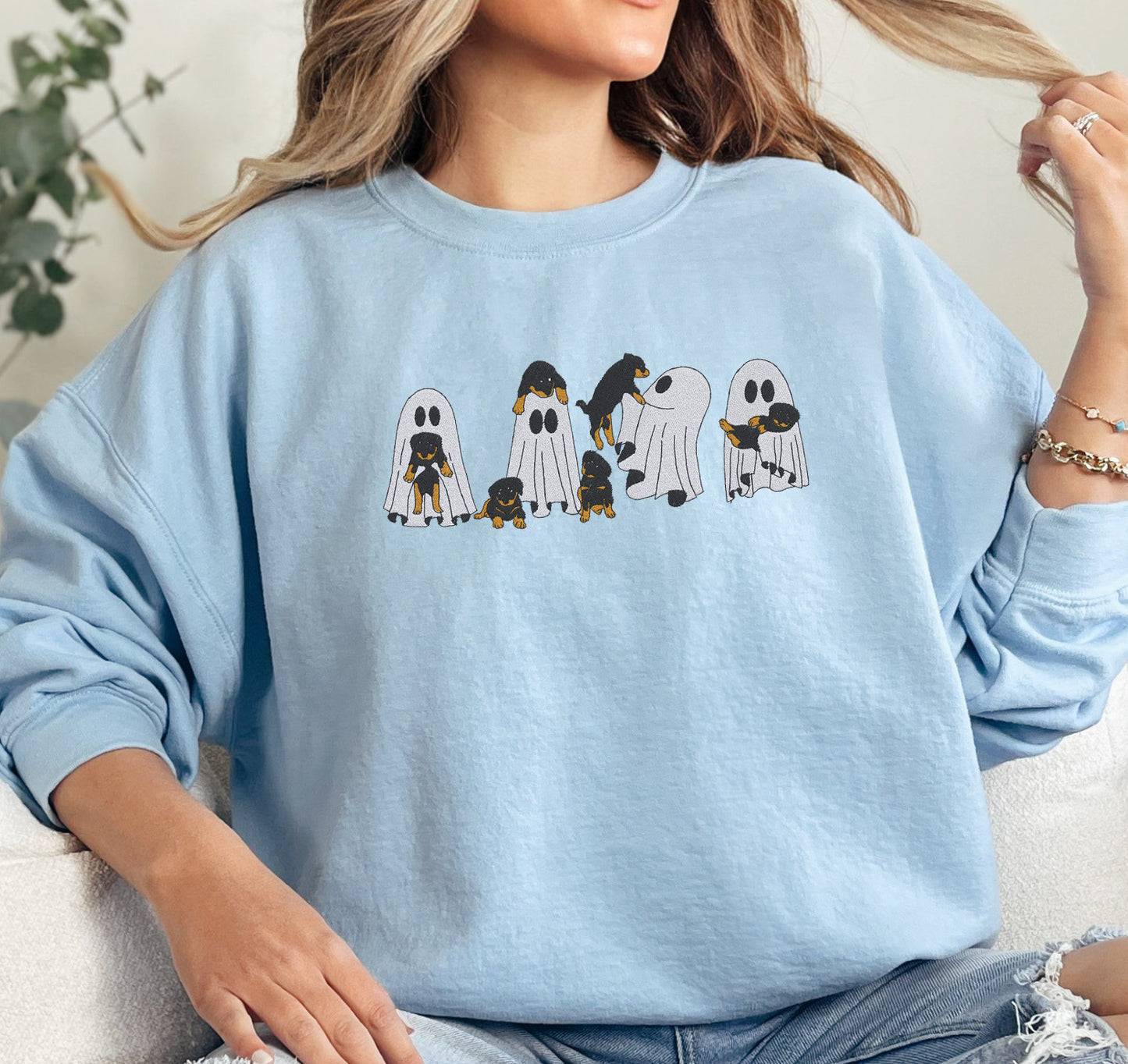 Playful Ghost and Puppies Embroidered Crewneck Sweatshirt